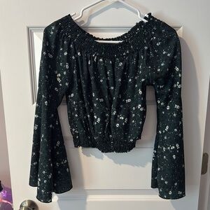 Italian Green Smocked Bell Sleeve Blouse